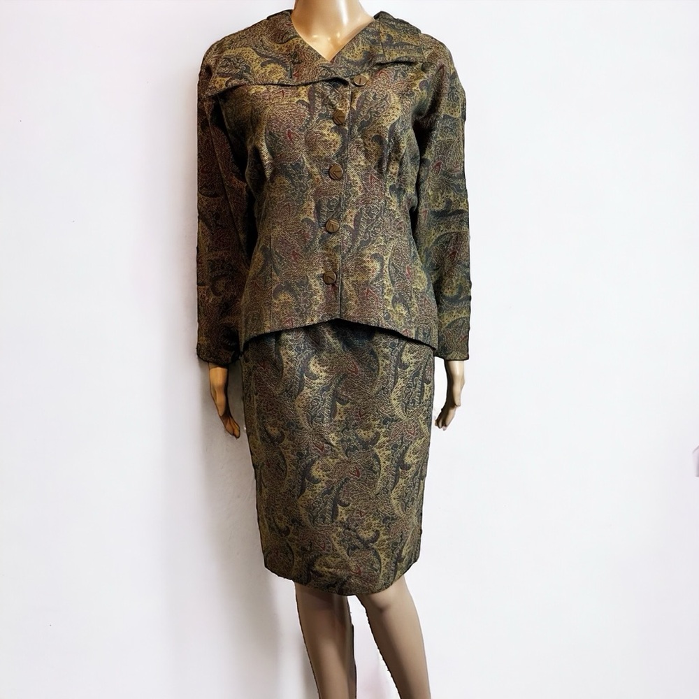 Vintage Michii Moon For Sanyo Tapestry Pintuck Wool Blazer Skirt Set Pockets